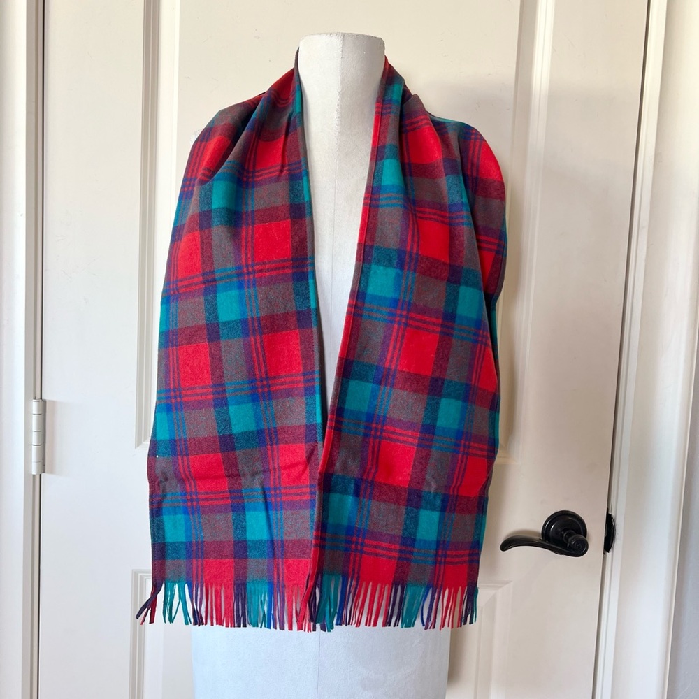 Vintage Pendleton 100% Virgin Wool Scarf Fringe Plaid Tartan Red Teal Unisex